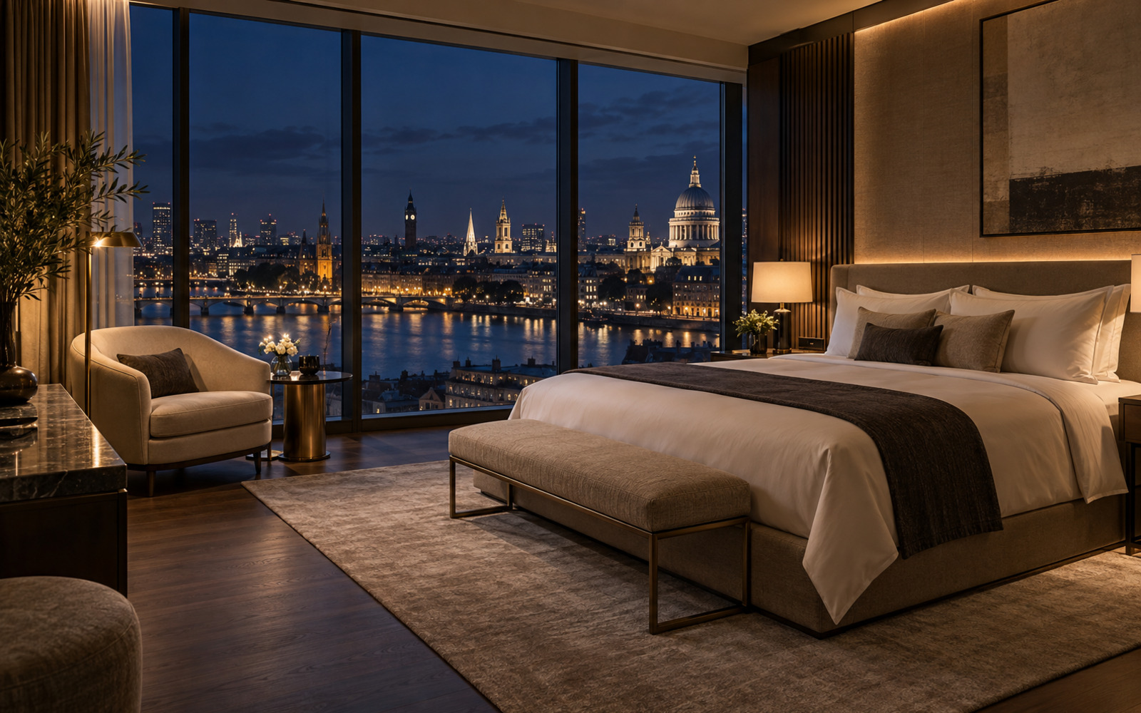 Luksusowy apartament hotelowy nocą z widokiem na miasto